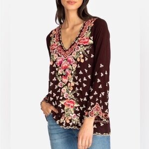 Johnny Was Brown Floral Embroidered Blouse Christabella